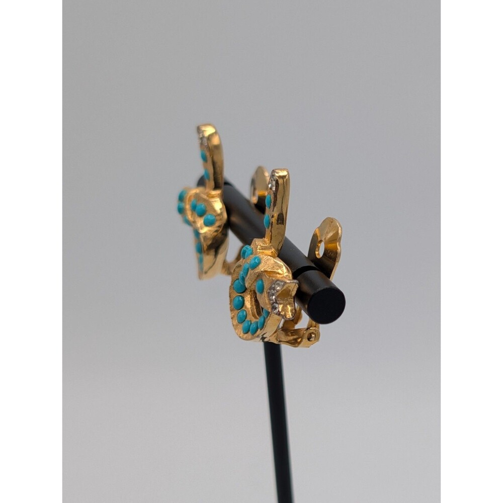 Vtg Signed Hattie Carnegie Faux Turquoise Cabochon Clip Earrings Gold Art Deco - Picture 2 of 12